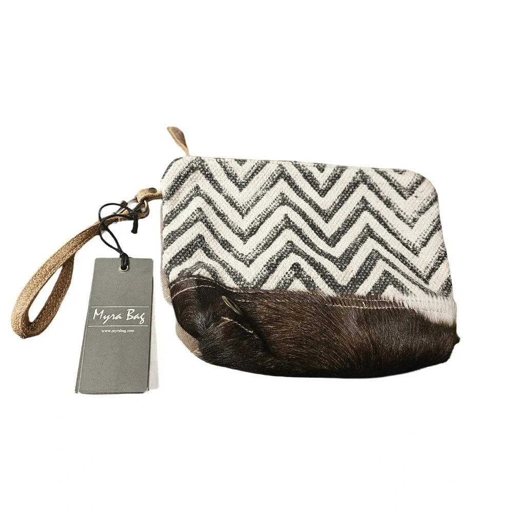 Myra Bag Chevron Canvas and Hair-on-Hide Leather Wristlet Clutch‎ Bag NEW